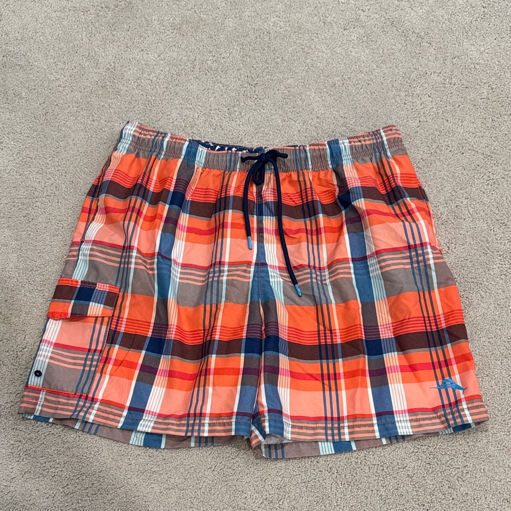 Tommy Bahama Orange and Blue Plaid Swim Trunks
